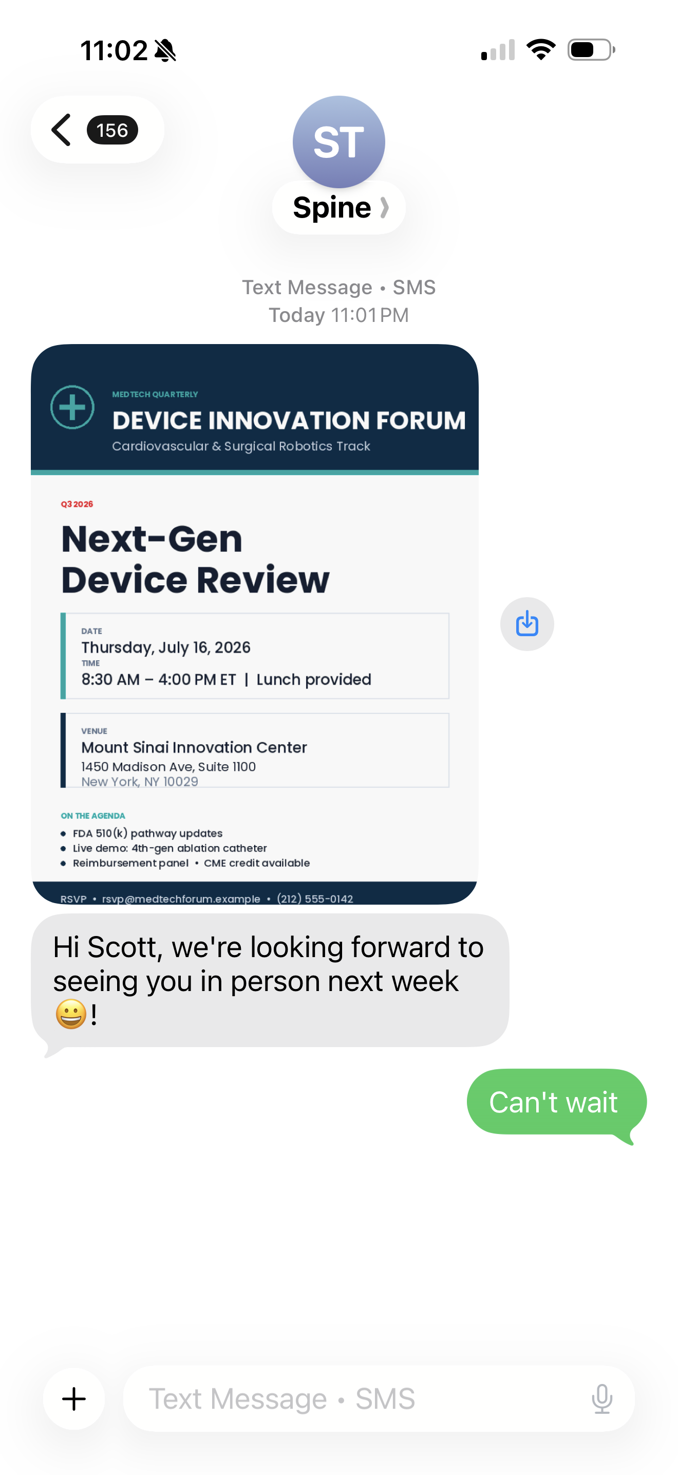 ClinicText SMS conversation showing a medical device event invitation