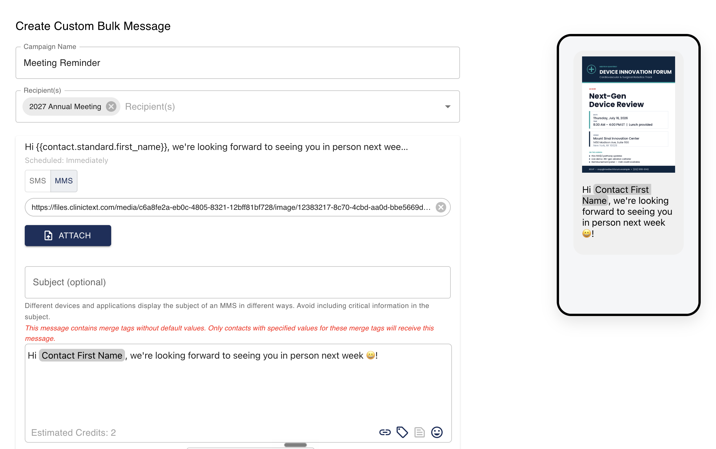 ClinicText platform -- Create Custom Bulk Message