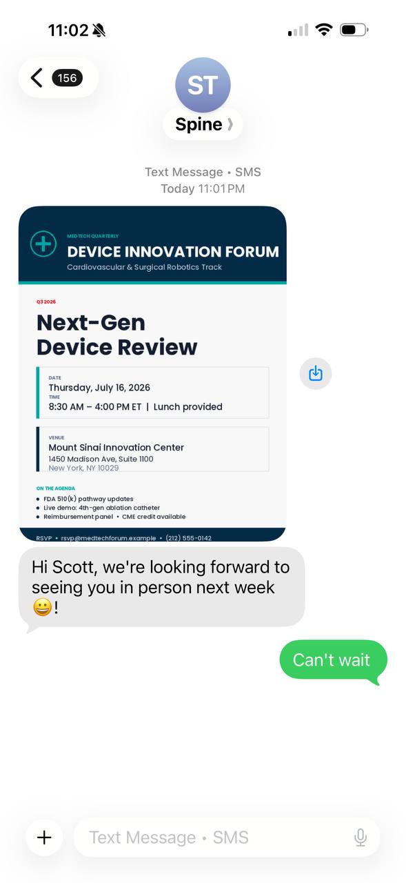 MMS conversation showing Device Innovation Forum flyer with engagement